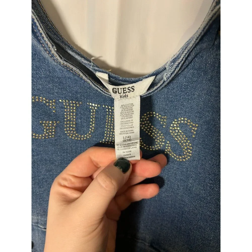 Vintage Guess Kids Denim Dress L 14 Blue Jean Overall Pinafore Rhinestone Gem